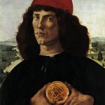 BOTTICELLI, Sandro 'Portrait of a Man with a Medal of Cosimo the Elder' c. 1474 Tempera on panel, 57,5 x 44 cm Galleria degli Uffizi, Florence