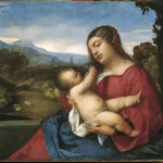 Titian, 'Madonna and Child in a landscape', c.1507  oil on wood panel, Accademia Carrara, Bergamo Legacy of Guglielmo Lochis 1866 Photo via NGA website.