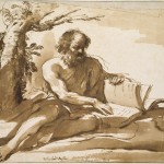 Giovanni Francesco Barbieri, called Guercino (1591 - 1666) An old bearded man, probably St Jerome, seated on the ground at the foot of a tree, turning the leaves of a large volume, c.1622 - 1624. Image via Ashmolean Museum website.
