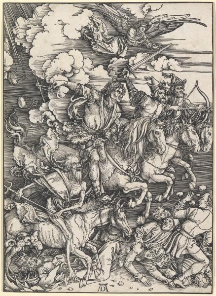 Fig. 2 Albrecht Dürer, The Four Horsemen of the Apocalypse,  from The Apocalypse, published 1498, woodcut. National Gallery of Victoria.