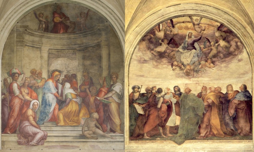 On the left is Pontormo, Visitation, detached fresco, 408 x 338 cm, Basilica della Santissima Annunziata, and on the right, Rosso Fiorentino, Assumption of the Virgin, c. 1513, detached fresco, 390 x 381 cm., Basilica della Santissima Annunziata, Florence.