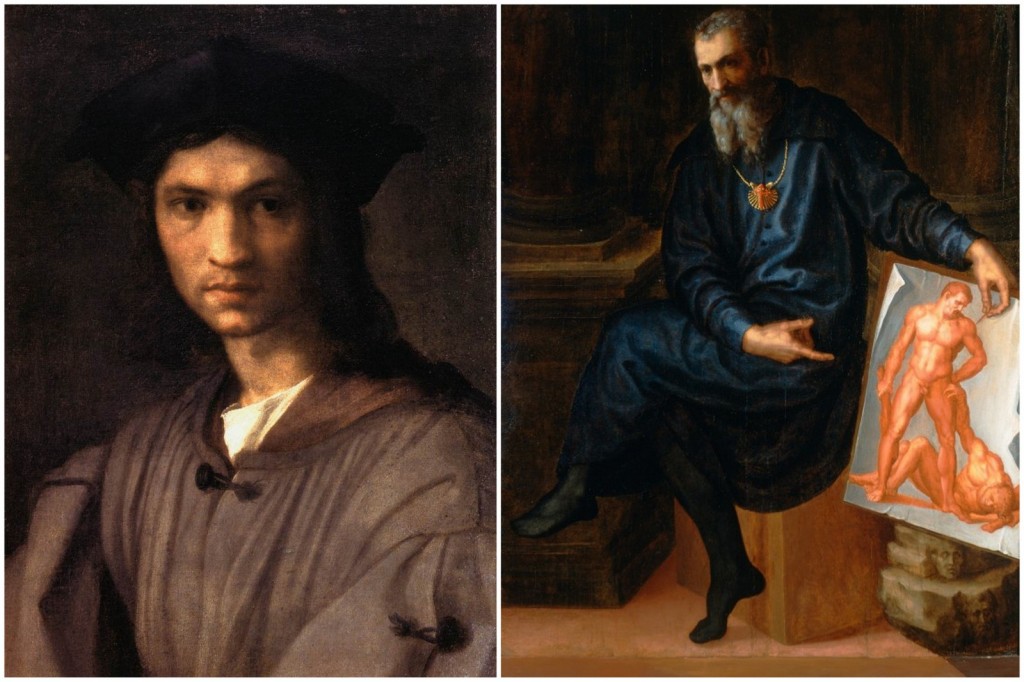 On the left, Florentine painter after Andrea del Sarto, Portrait of the Young Baccio Bandinelli, 1st half of the 16th century, oil on canvas, Uffizi Gallery, Florence, on the right, Baccio Bandinelli, Self-Portrait, c1545, oil on wood, 142.5 x 113.5 cm., Isabella Stewart Gardner Museum, Boston.