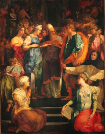 Rosso Fiorentino, The Marriage of the Virgin, (Ginori Altarpiece), 1523, oil on panel, 325 x 247 cm., Basilica of San Lorenzo, Florence. (My apologies – this is the uncleaned version)