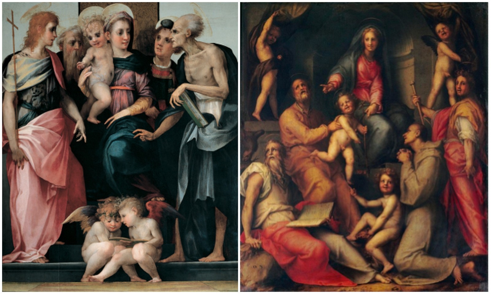 On the left is Rosso Fiorentino, Madonna and Child with Four Saints (Spedalingo Altarpiece), 1518, oil on canvas, 172 x 141.5 cm., Galleria degli Uffizi, Florence, and on the right Pontormo, Sacred Conversation (Pucci Altarpiece), 1518, oil on canvas, 221.5 x 189.5 cm., Church of San Michele Visdomini, Florence