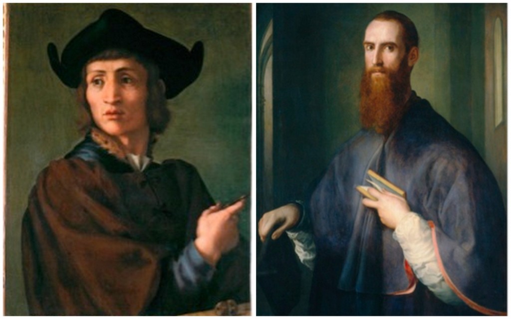 At left, Pontormo, Portrait of a Goldsmith, 1518, oil on panel, 70 x 53 cm., Louvre, Paris, and at right Pontormo, Portrait of a Bishop (Monsignor Niccolò Ardinghelli?), c1541-2, oil on panel, 102 x 78.9 cm., National Gallery of Art, Washington.