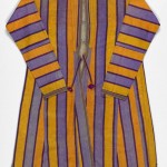 Chapan/khalat (coat) (late 19th century-mid 20th century), Uzbek, yellow and purple striped silk, cotton, dyes, braid, printed Russian cotton,National Gallery of Victoria, MelbournePurchased, NGV Asian Art Acquisition Fund with the assistance of Graham and Vivien Knowles, Charles Good AC and Cornelia Goode, 2013
