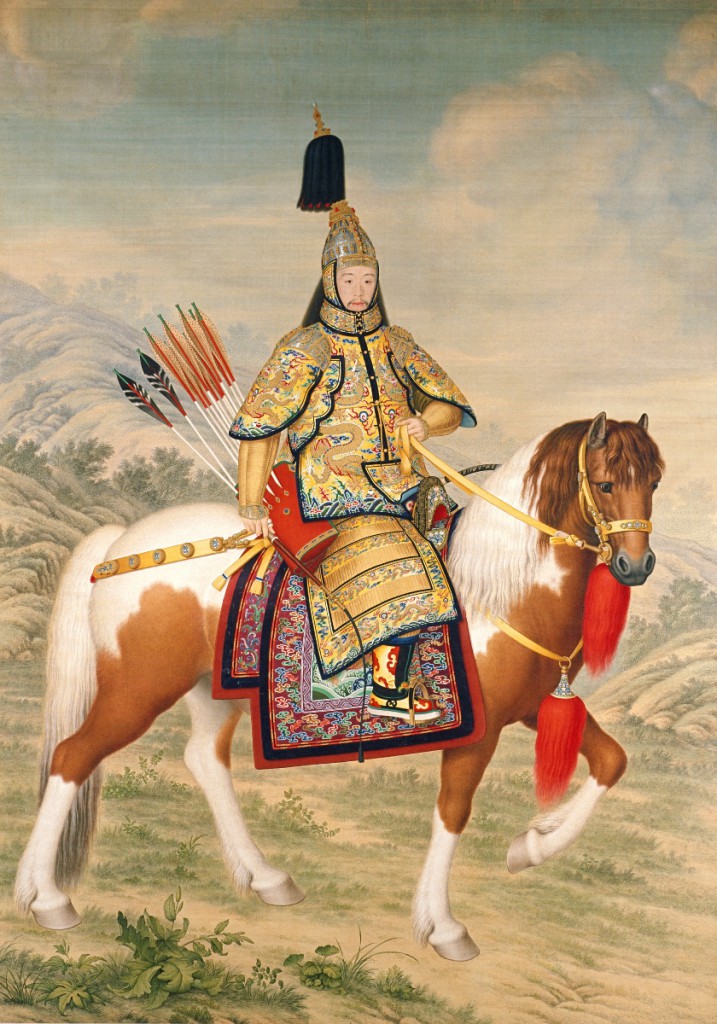 Giuseppe CASTIGLIONE Italian 1688–1766, worked in China 1714–66 Qianlong Emperor in ceremonial armour on horseback 清人画弘历戎装骑马像轴Qing dynasty, Qianlong period 1739 coloured inks on silk 322.5 x 232.0 cm The Palace Museum,