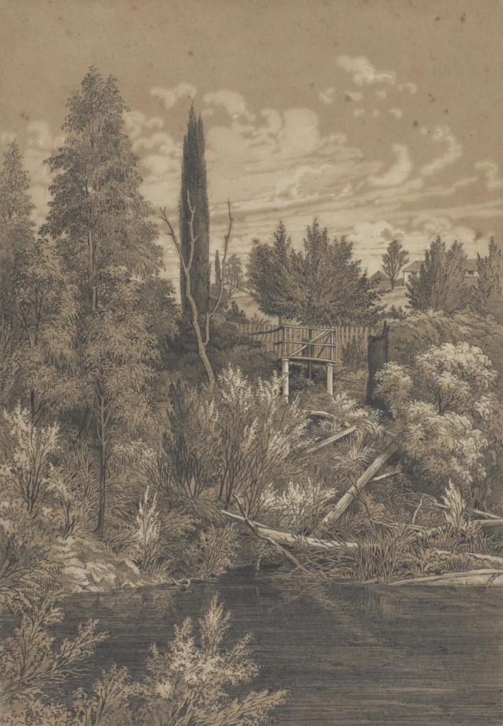 Figure 3. Edward La Trobe Bateman, View of the Station Plenty, Port Phillip district (XI View of Garden with Cypress and Fence), 1853-1856. Pencil and gouache on buff paper on card, 25.2 x 18.9 cm. National Gallery of Victoria, Melbourne (645K-5). 