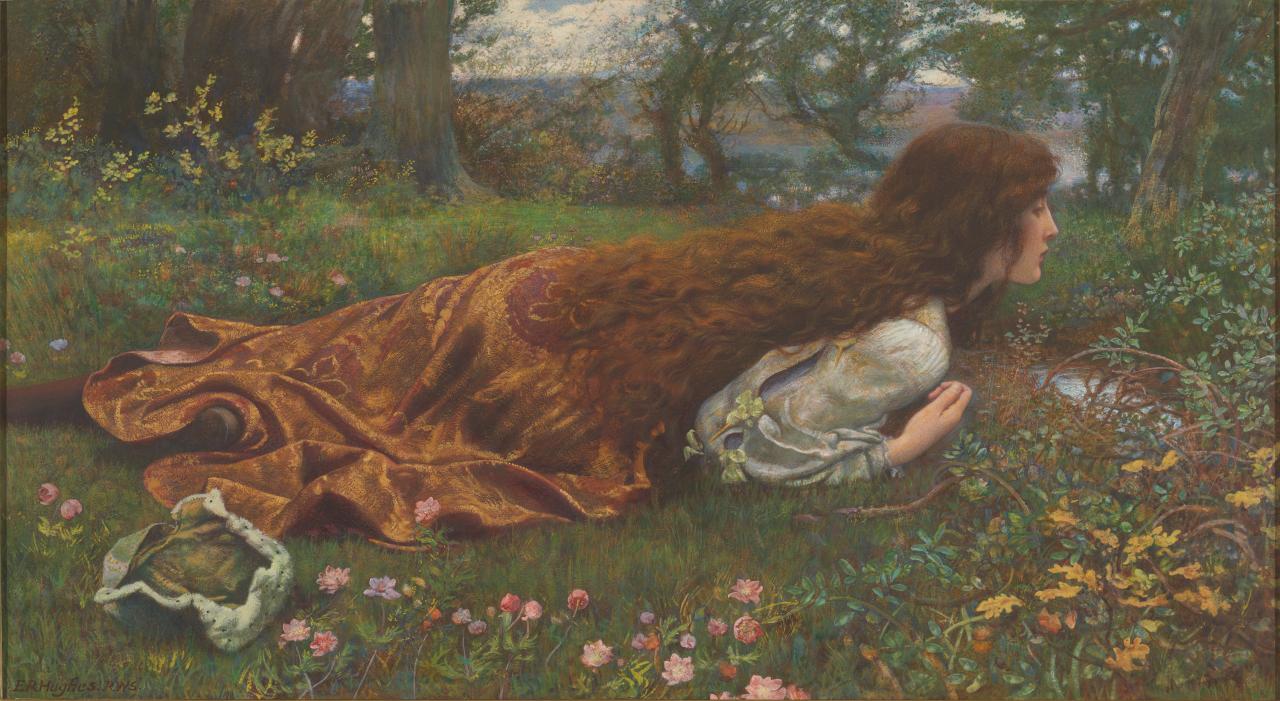Edward Robert Hughes, 'The princess out of school', (c. 1901)  gouache and watercolour with some scratching out (52.0 x 95.3 cm) (sheet) National Gallery of Victoria, Melbourne Purchased, 1901 103-2