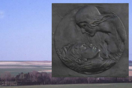 Mornington War Memorial 1925, bronze medallion created in 1918 by Dora Ohlfsen (1867-1948), photographed by Bronwyn Hughes, 2015. Background is of the Somme Valley near Peronne, photographed by Bronwyn Hughes, 2003.