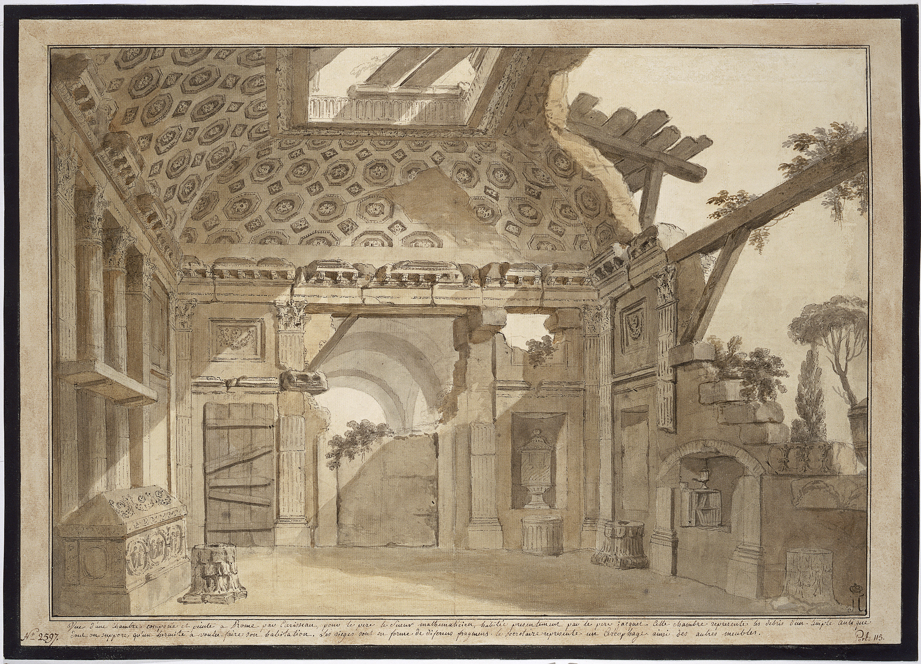 Charles-Louis CLÉRISSEAU (French 1721–1820), Design for the paintings in the cell of Father Lesueur in the Monastery of Santissima Trinità dei Monti in Rome 1766–68, pen and black and brown ink, brown and grey wash, 36.9 x 53.0 cm (sheet), State Hermitage Museum, St Petersburg (Inv. no. ОР-2597). Acquired from the artist by Catherine II on 5 May 1780, Provenance: before 1797