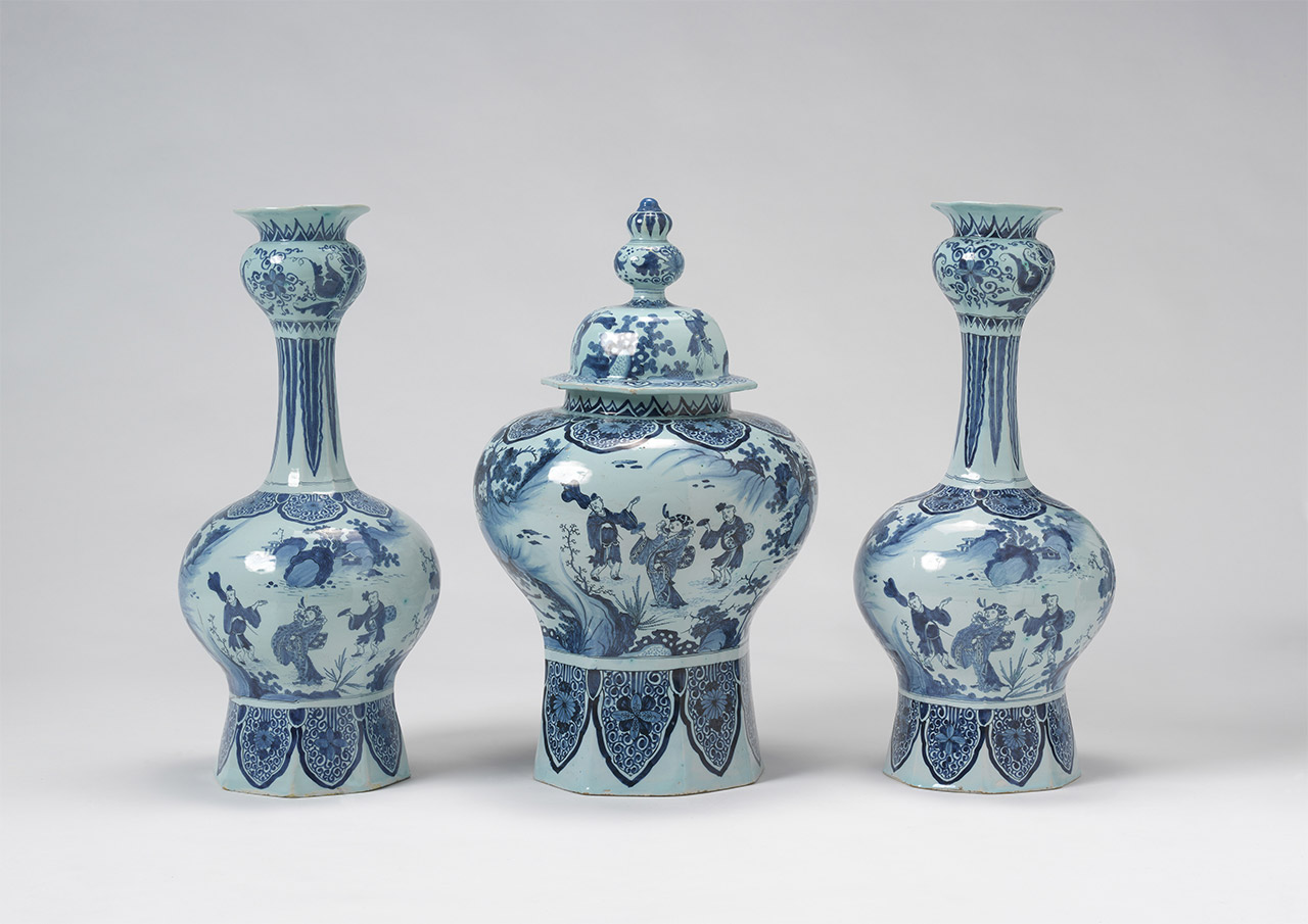 The Netherlands Garniture 1680–1700 earthenware (tin-glazed) (a) 64.3 x 29.5 x 29.2 cm (vase) (b-c) 65.1 x 39.1 x 38.6 cm (overall) (covered vase) (d) 64.6 x 28.9 x 29.5 cm (vase) National Gallery of Victoria, Melbourne Felton Bequest, 2015