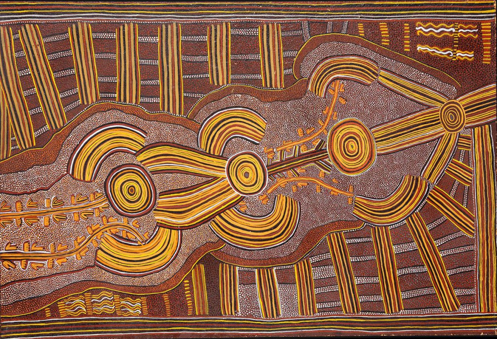Mick Namarari Tjapaltjarri, Kangaroo Man Ancestor and Bush Tucker Dreaming at Walukaritji, c. 1973, acrylic on board, 87 x 58 cm. ©2016 Aboriginal Artists Agency Ltd, Australia. - See more at: https://news.virginia.edu/content/backed-mellon-grant-uva-establishes-new-center-study-indigenous-art#sthash.vSVkn2pk.dpuf