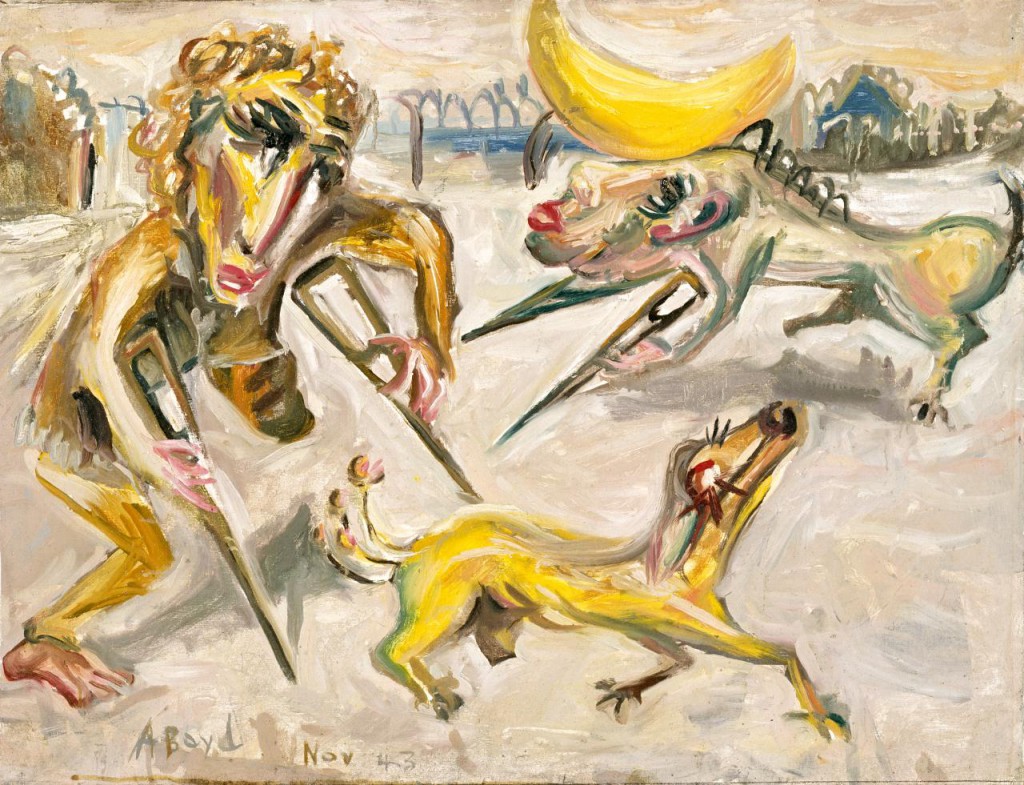 Arthur Boyd, The cripples, 1943 , oil on muslin on cardboard , 52.8 x 68.4 cm, National Gallery of Victoria  Presented by the Museum of Modern Art and Design of Australia 1981 (A24-1981)