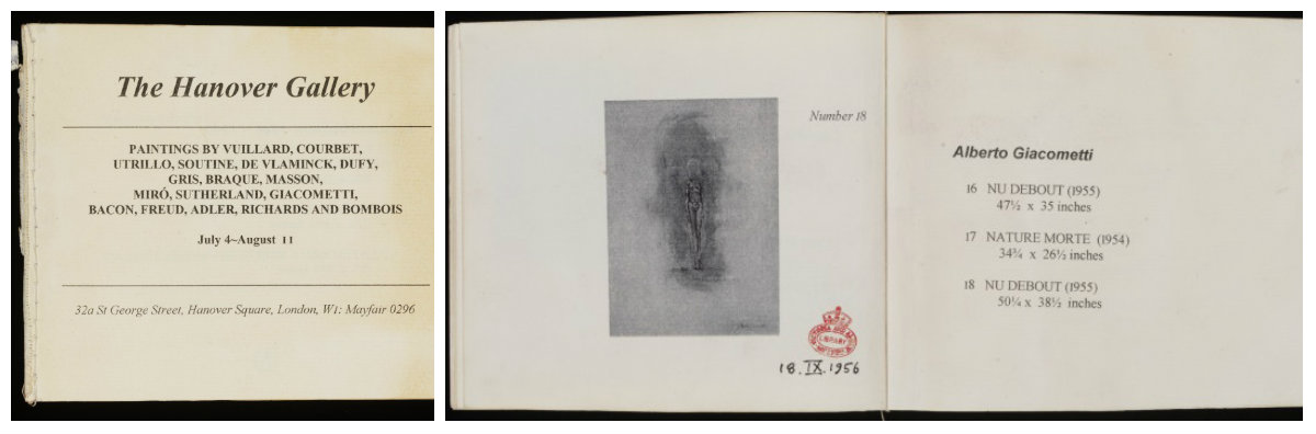 A forged catalogue that Drewe swapped with an original 1950s catalogue in the National Art Library. The forgery lists three Giacomettis, including forgeries by Myatt, one of which is illustrated. NAL: 38041010206480 © Victoria & Albert Museum, London