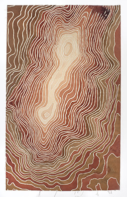 Judy Watson mt riddell 2016, pencil and acrylic on canvas, 240 x 148 cm, Courtesy of the artist and Milani Gallery, Brisbane