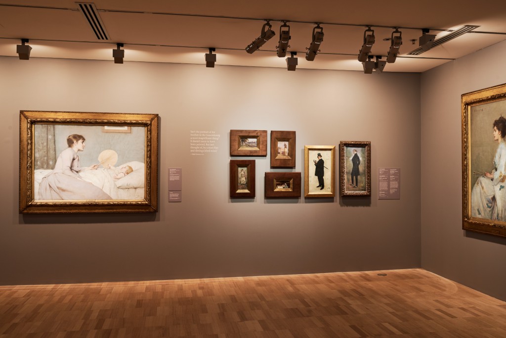 View of paintings by Australian artists John Longstaff, Bernard Hall, Charles Conder and otehrs. Installation view of Whistler’s Mother at NGV International, 25 March – 19 June 2016.