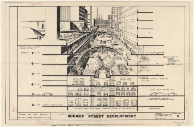 Architect Robin Boyd's vision for subterranean Melbourne, looking up Bourke Street to Parliament House.