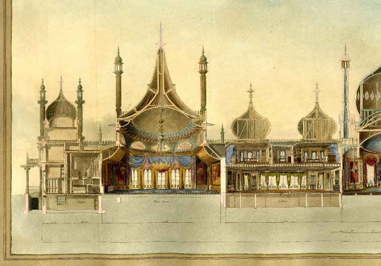 Cross-section of Brighton Pavilion showing the Music Room, Salon, Banqueting Room and Kitchen, 1821-25. Etching and aquatint, hand-coloured. British Museum, London.