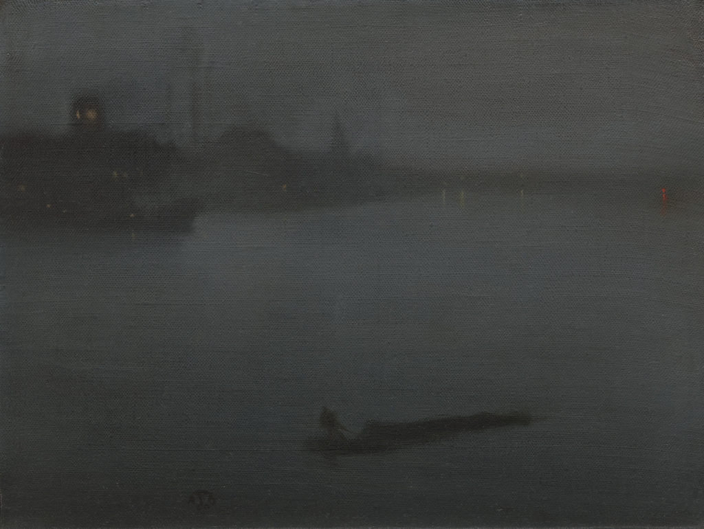 James McNeill Whistler, 1834–1903, American, active in Britain (from 1859), Nocturne in Blue and Silver, 1872 to 1878, butterfly added ca. 1885, Oil on canvas, Yale Center for British Art, Paul Mellon Fund