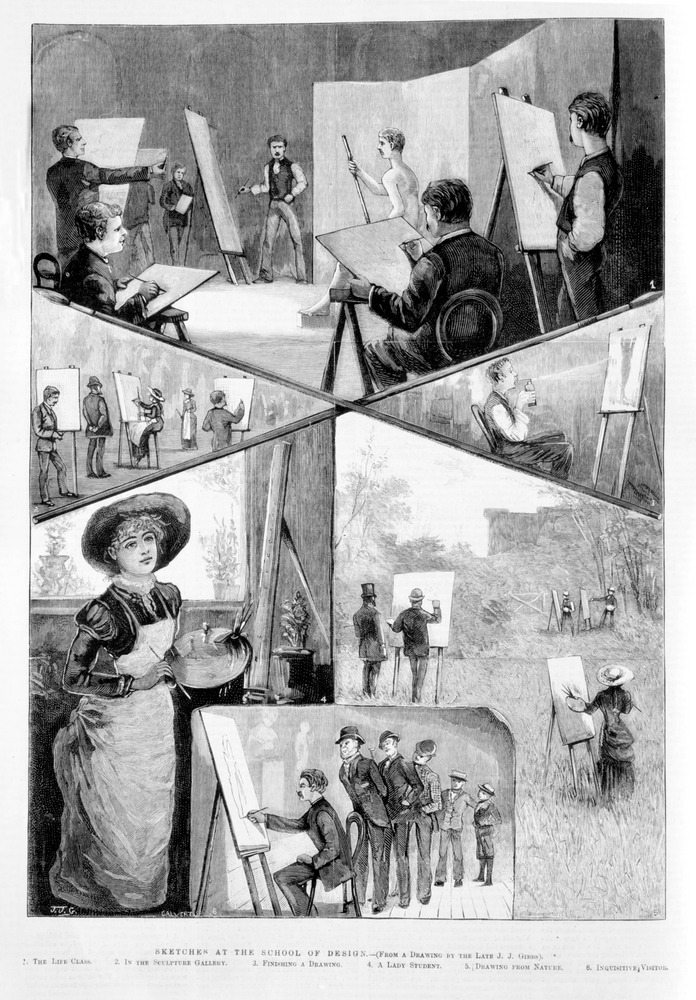 Image: Samuel Calvert, "Sketches at the School of Design [at the National Gallery School]", 30 April 1887, wood engraving, Illustrated Australian News; Source: State Library of Victoria